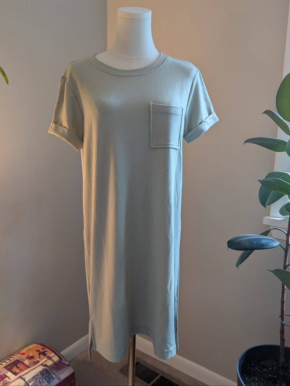 Cable & Gauge Sage Green Midi T-Shirt Dress with Chest Pocket